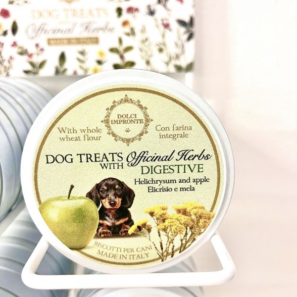 Dolci Impronte DIGESTIVE  Herbal Dog Treats -Package of 12 Tin Boxes 40g - with helichrysum flowers and apple