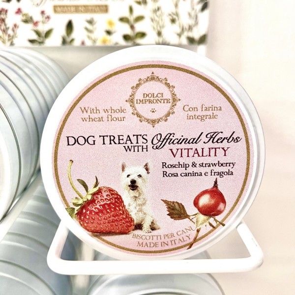 Dolci Impronte-  VITALITY  Herbal Dog Treats - Package of 12 Tin Boxes 40g - Dog Rose and Strawberry