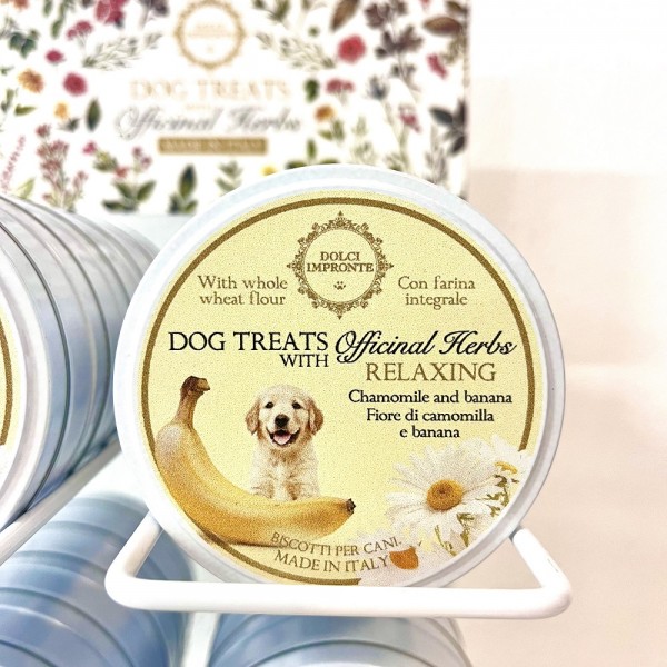 Dolci Impronte - RELAXING Dog Treats Erbe Officinali - Confezione 12 Scatole latta 40gr -fiori di camomilla e banana
